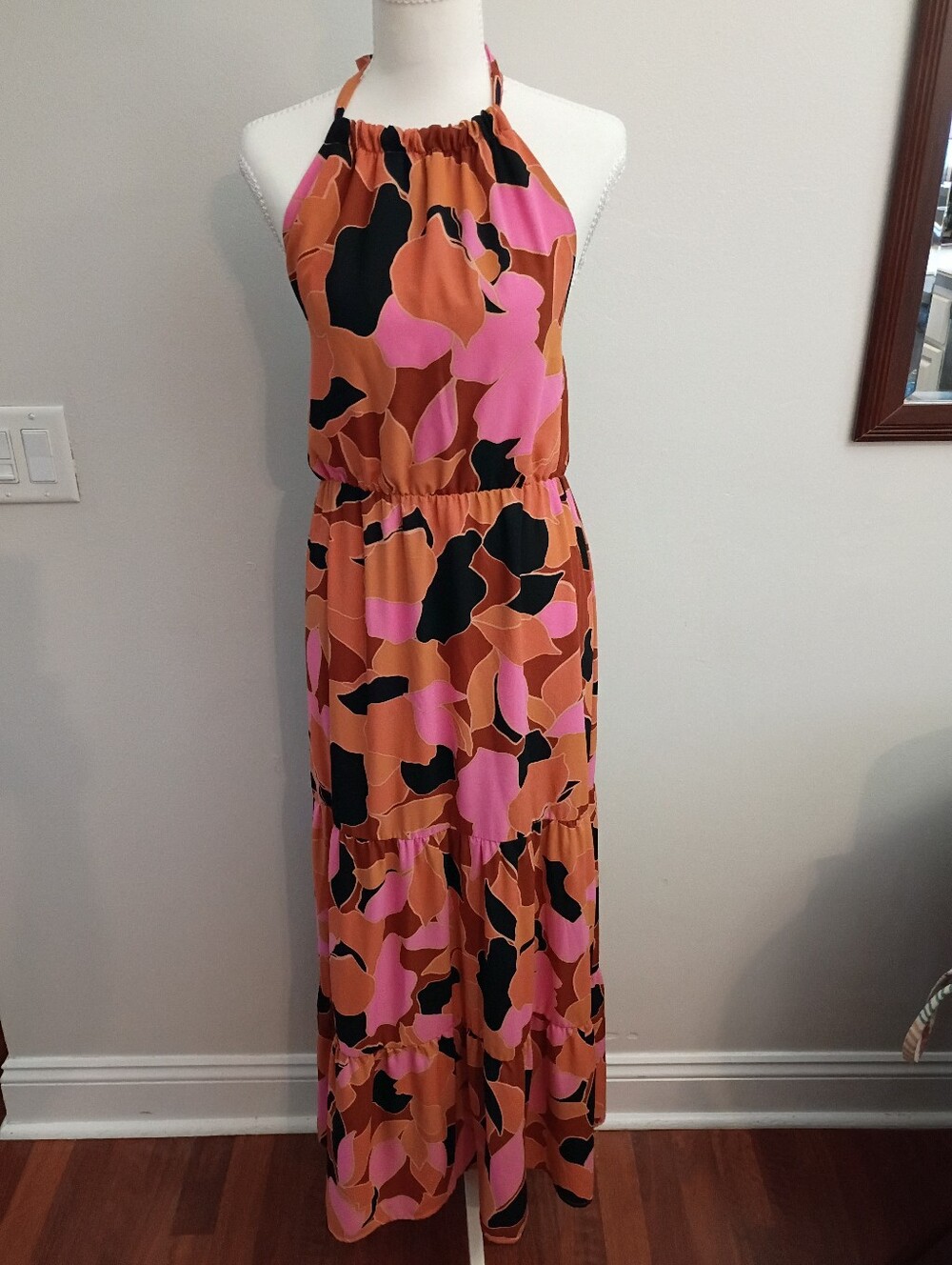Sanctuary Halter Maxi Dress in Pink, Rust & Black Abstract Print